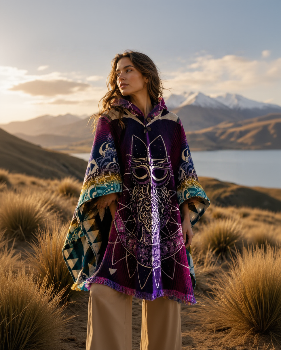 Woman wearing a colorful, patterned cloak in a scenic outdoor setting with mountains and water.